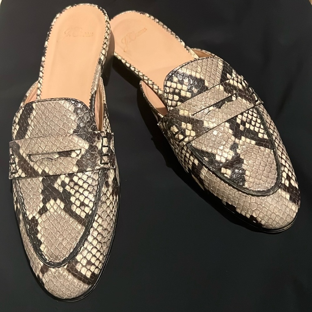 J Crew Snake Print Leather Embossed Mules Size 7.5